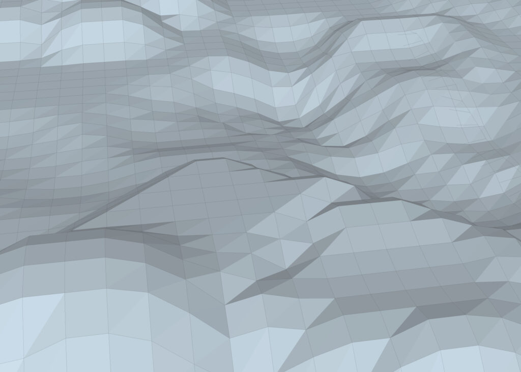 Landschaft: in grauen Dreiecken modellierte Fläche, mit Erhebungen und Vertiefungen